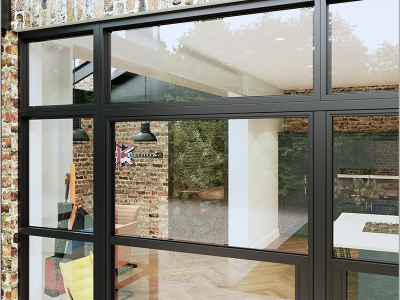 aluminium-heritage-doors-close-up-on-large-windows-showing-how-clear-the-window-and-door-is-fitted-in-bedfordshire